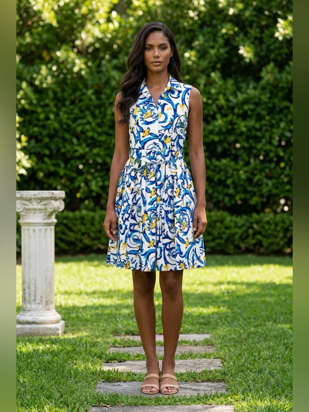 Samantha Sung Floral Scroll Print Sleeveless Dress, Size 10